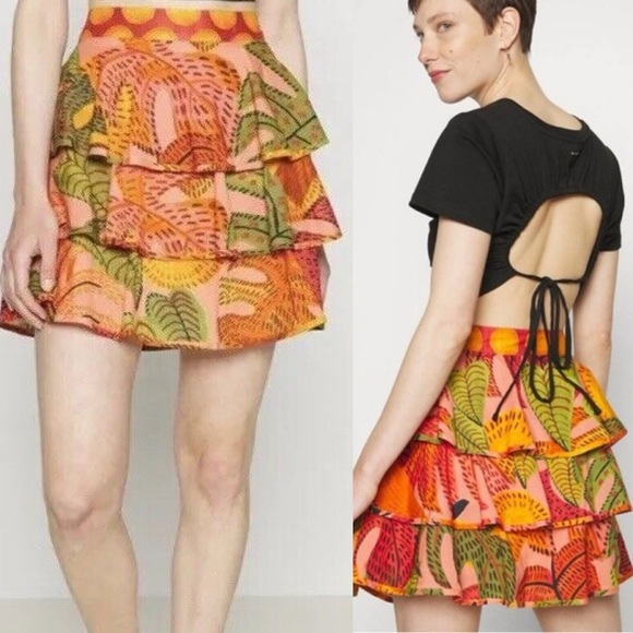 NWT Farm Rio Summer Dream Ruffle Tropical Pink Multicolor Mini Skirt Short XL - Picture 1 of 8